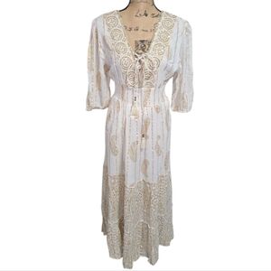 Anthropologie X Magic Me Cream And Metallic Gold‎ Bohemian Lace Midi Dress SZ XL